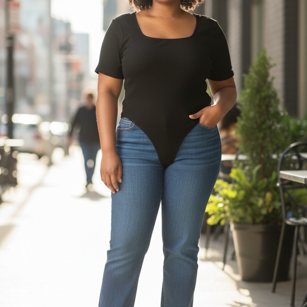 DKNY Jeans Black Ribbed Bodysuit XL Stretch Snap Closure Minimalist Top